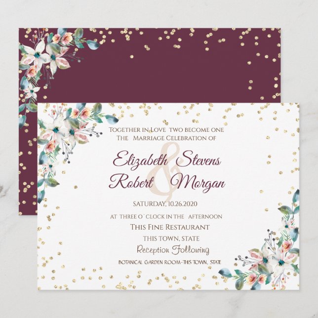 Invitación Boda de flores borgoña diamantes de oro (Anverso / Reverso)