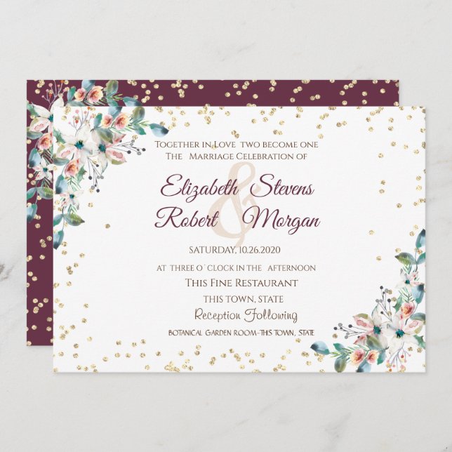 Invitación Boda de flores borgoña diamantes dorados (Anverso / Reverso)