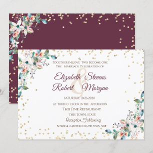 Invitación Boda de flores borgoña diamantes dorados
