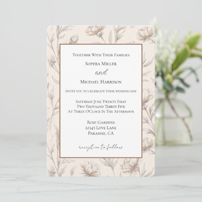Invitación Boda de flores bosquejadas de crema (Anverso de pie)