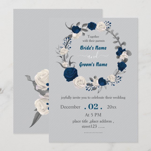 Invitación boda de flores botánicas azul marino y blanco (Anverso / Reverso)