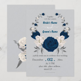 Invitación boda de flores botánicas azul marino y blanco
