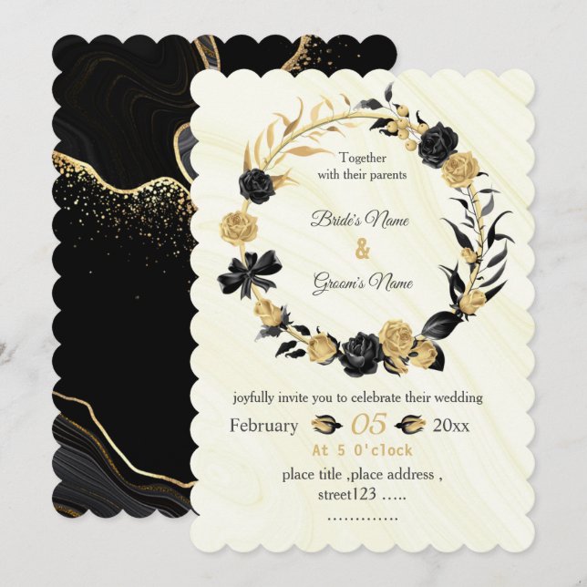 Invitación boda de flores botánicas de oro y negro (Anverso / Reverso)