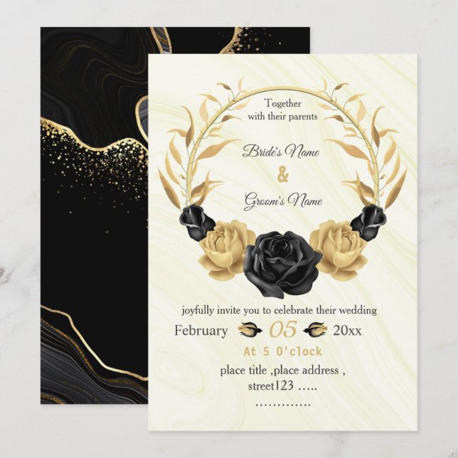 Invitación boda de flores botánicas de oro y negro (Anverso / Reverso)