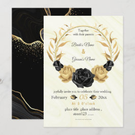 Invitación boda de flores botánicas de oro y negro