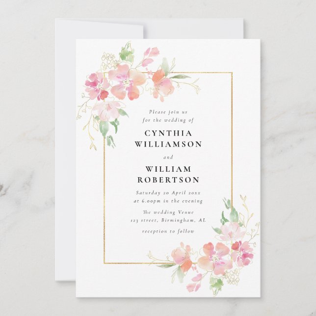 Invitación boda de flores botánicas de oro y rosa (Anverso)