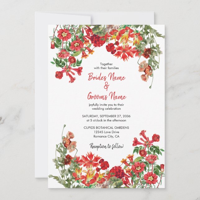 Invitación Boda de Flores Botánicas del Jardín Rojo Floral (Anverso)