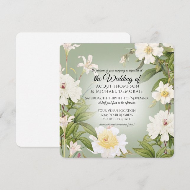 Invitación Boda de flores botánicas verde y rosa blanca (Anverso / Reverso)