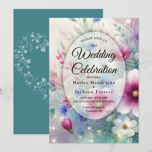 Invitación Boda de flores brillantes y radiantes de primavera (Anverso / Reverso)