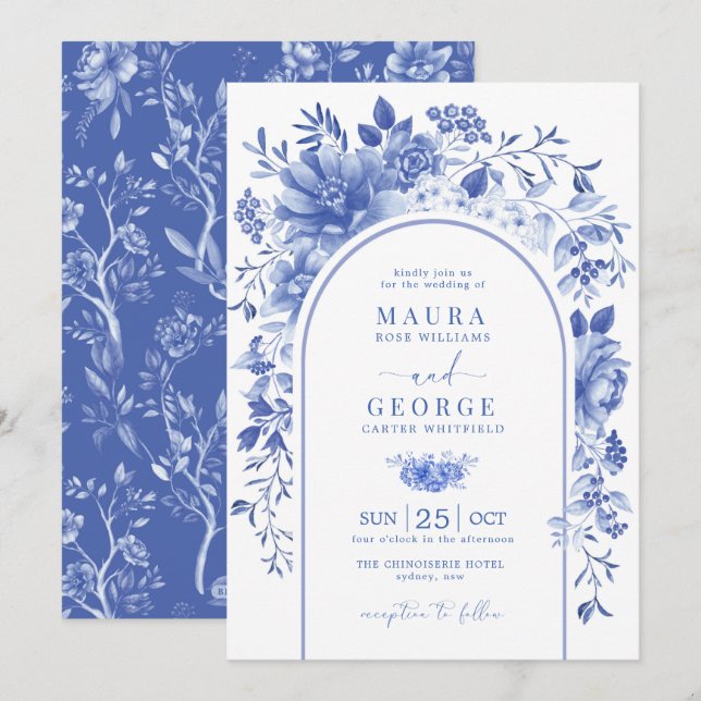 Invitación Boda de Flores Chinoiserie Arch Blue White (Anverso / Reverso)