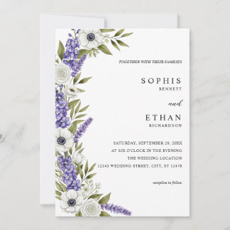 Invitación Boda de Flores Clásicas de Lavanda y Rosas Blancas