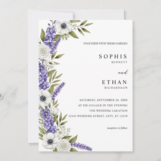 Invitación Boda de Flores Clásicas de Lavanda y Rosas Blancas (Anverso)