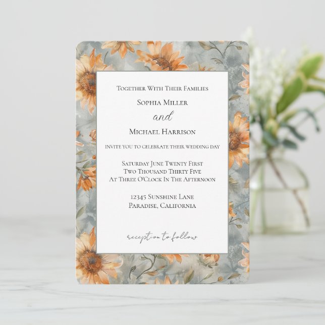 Invitación Boda de flores crema naranja azul (Anverso de pie)