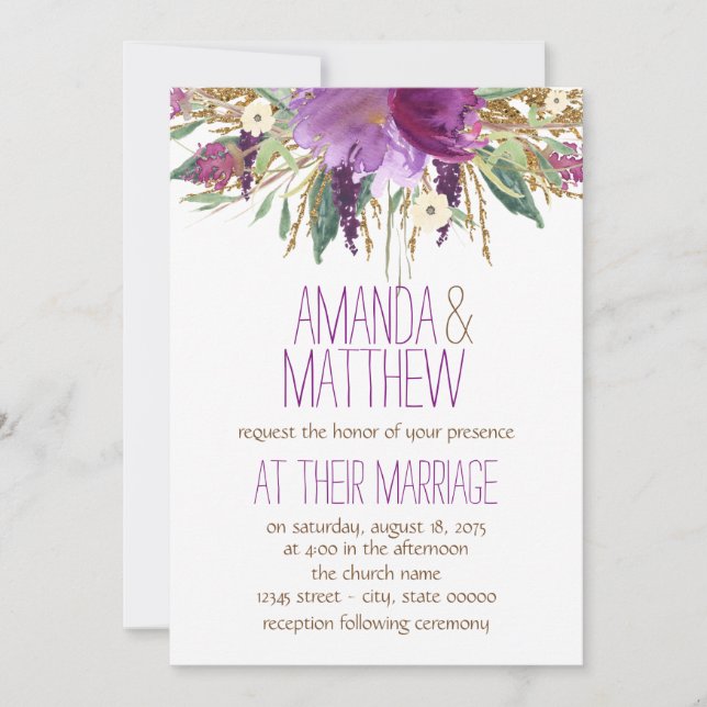 Invitación Boda de flores de acuarela (Anverso)