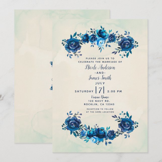 Invitación Boda de flores de acuarela azul índigo y beige (Anverso / Reverso)