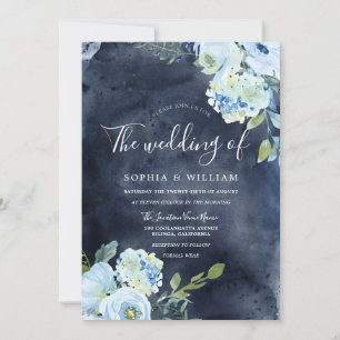 Invitación Boda de Flores de acuarela azul marina y cielo