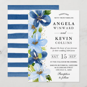 Invitación Boda de Flores de Acuarela Azul y Marineras