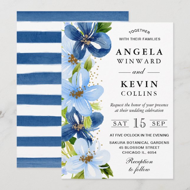 Invitación Boda de Flores de Acuarela Azul y Marineras (Anverso / Reverso)