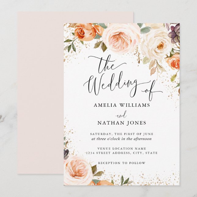 Invitación Boda de Flores de Acuarela de Otoño (Anverso / Reverso)