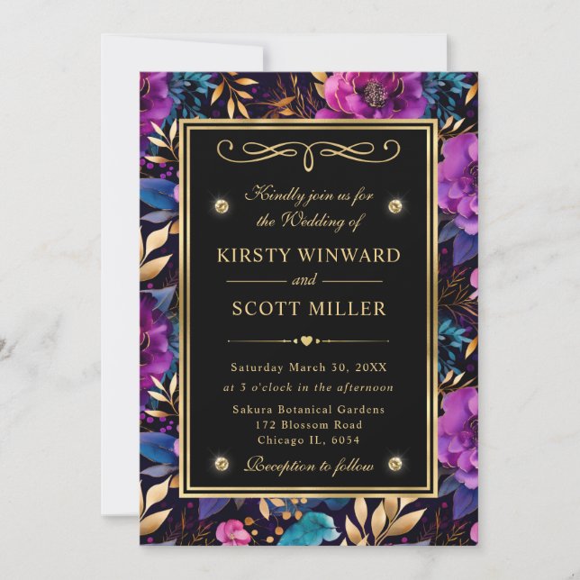 Invitación Boda de Flores de Acuarela Moradas y Turquesas (Anverso)
