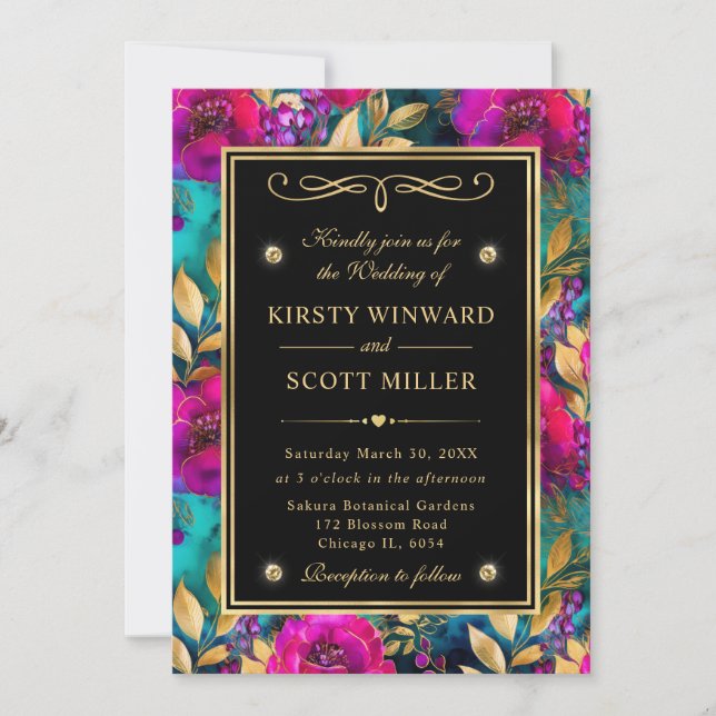 Invitación Boda de Flores de Acuarela Moradas y Turquesas (Anverso)