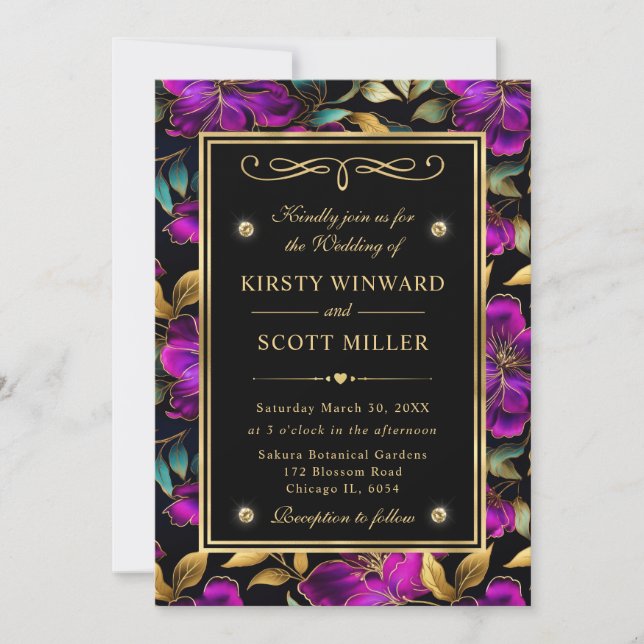 Invitación Boda de Flores de Acuarela Moradas y Turquesas (Anverso)