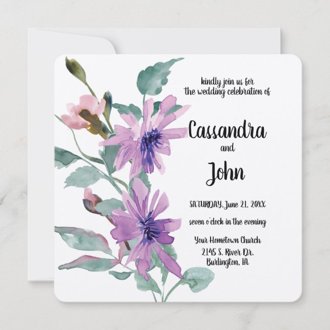 Invitación Boda de flores de acuarela púrpura (Anverso)