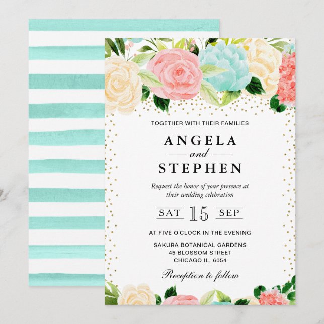 Invitación Boda de flores de acuarela rosa y menta (Anverso / Reverso)