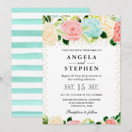 Invitación Boda de flores de acuarela rosa y menta
