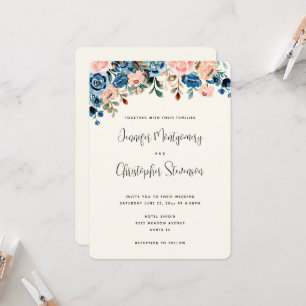 Invitación Boda de flores de acuarela rosadas y azules