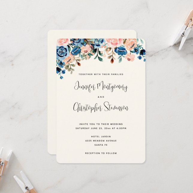 Invitación Boda de flores de acuarela rosadas y azules (Anverso/Reverso In Situ)