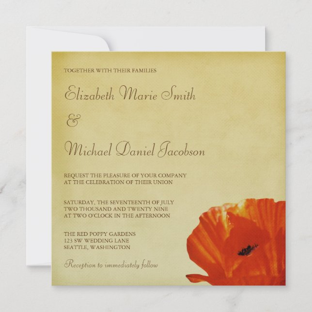 Invitación Boda de flores de amapola roja (Anverso)