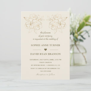 Invitación Boda de flores de arte de línea dorada marfil mode