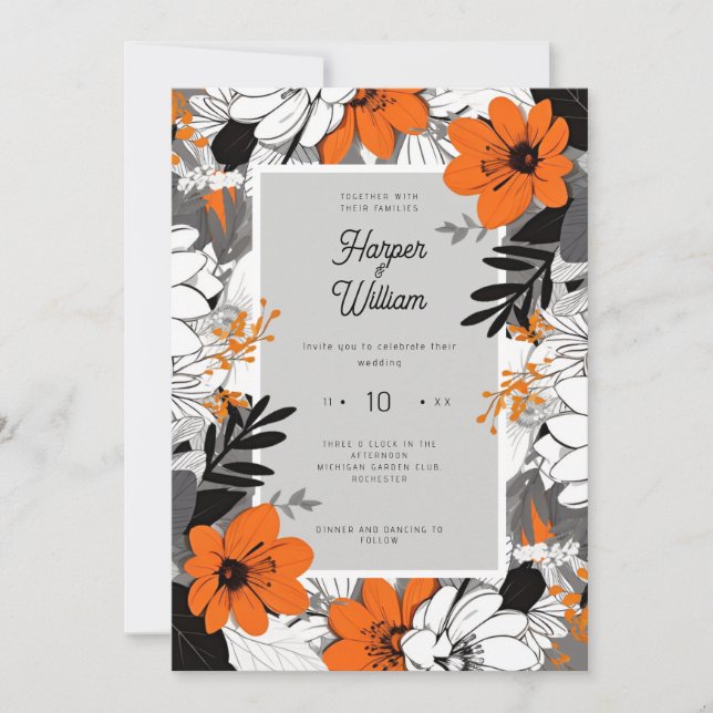 Invitación Boda de flores de arte de línea monocroma (Anverso)