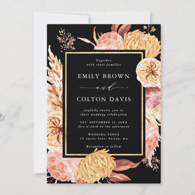 Invitación Boda de flores de Black Boho Burgundy Terracotta (Anverso)