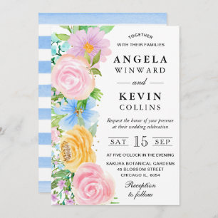 Invitación Boda de flores de boho azul y amarillo rosa