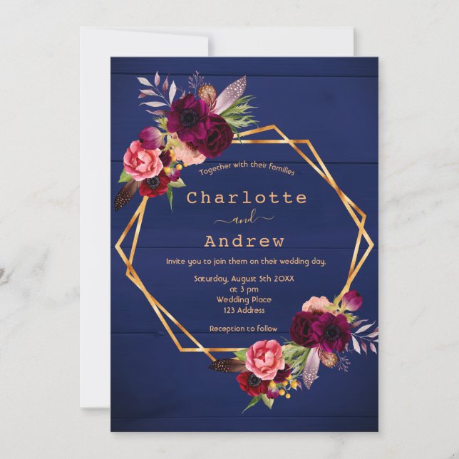 Invitación Boda de flores de borgoña azul de la marina (Anverso)