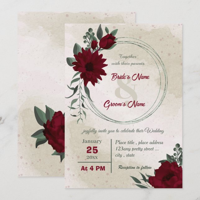 Invitación Boda de flores de Borgoña verde (Anverso / Reverso)