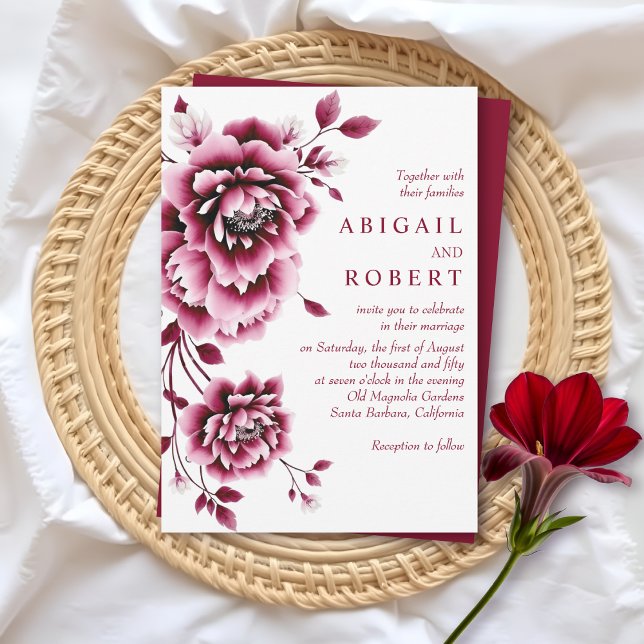 Invitación Boda de flores de borgoña y peonía floral rosa (Subido por el creador)