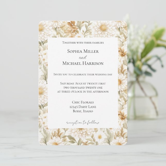 Invitación Boda de flores de campo blanco de oro crema (Anverso de pie)