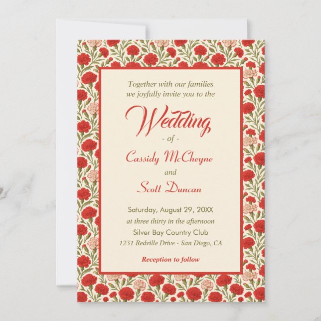 Invitación Boda de Flores de Cañón Rojo Romántico (Anverso)