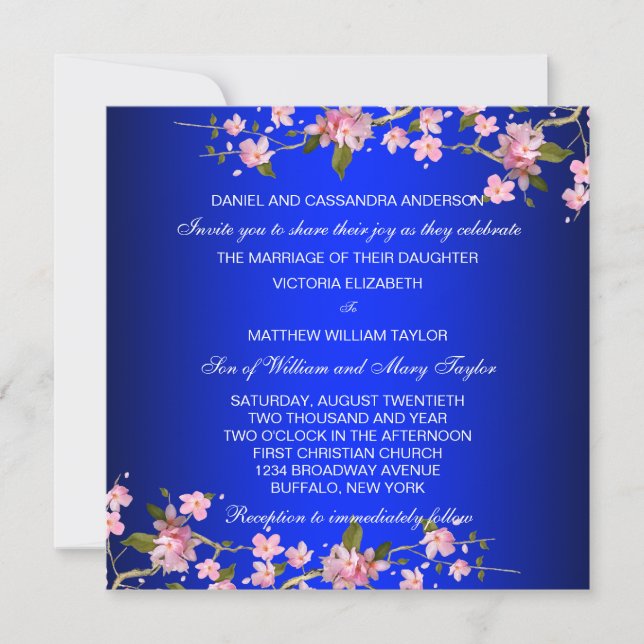 Invitación Boda de flores de cerezo azules reales japoneses (Anverso)