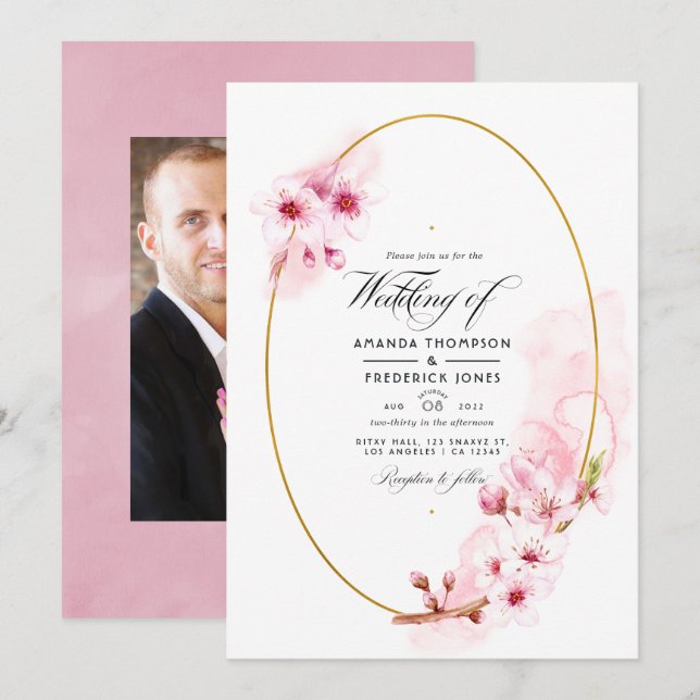 Invitación Boda de flores de cerezo de primavera rosada (Anverso / Reverso)