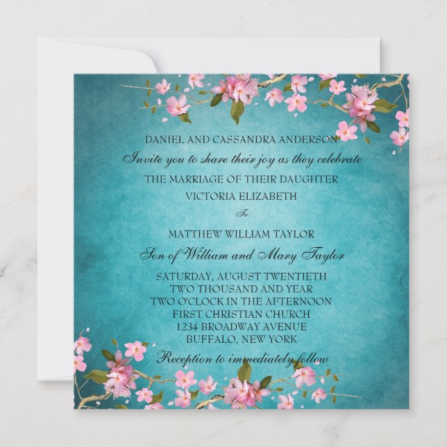 Invitación Boda de flores de cerezo japonesas azul teal rosa (Anverso)