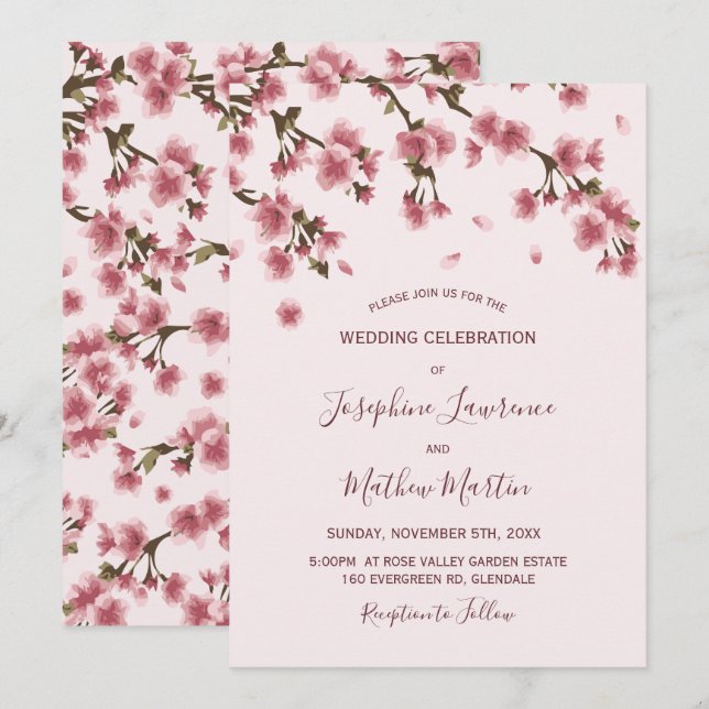 Invitación Boda de flores de cerezo rosa (Anverso / Reverso)