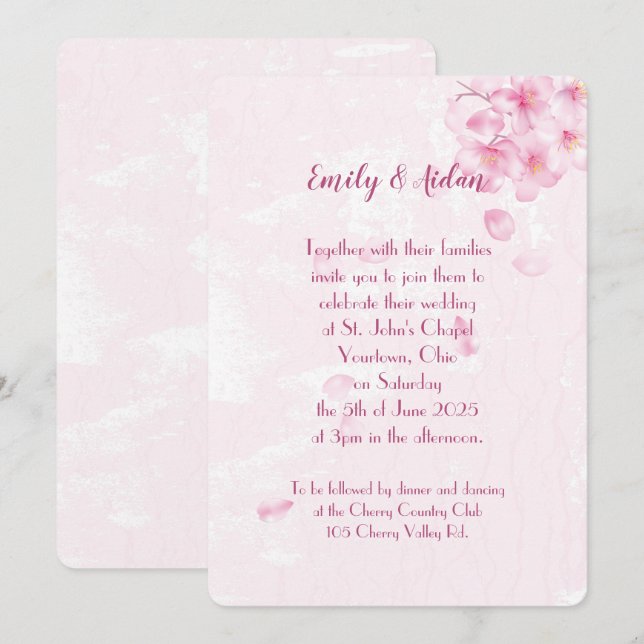 Invitación boda de flores de cerezo rosa (Anverso / Reverso)