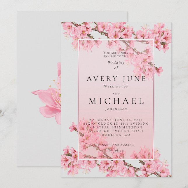 Invitación Boda de flores de cerezo rosa (Anverso / Reverso)