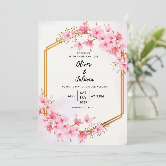 Invitación Boda de flores de cerezo rosa (Anverso de pie)
