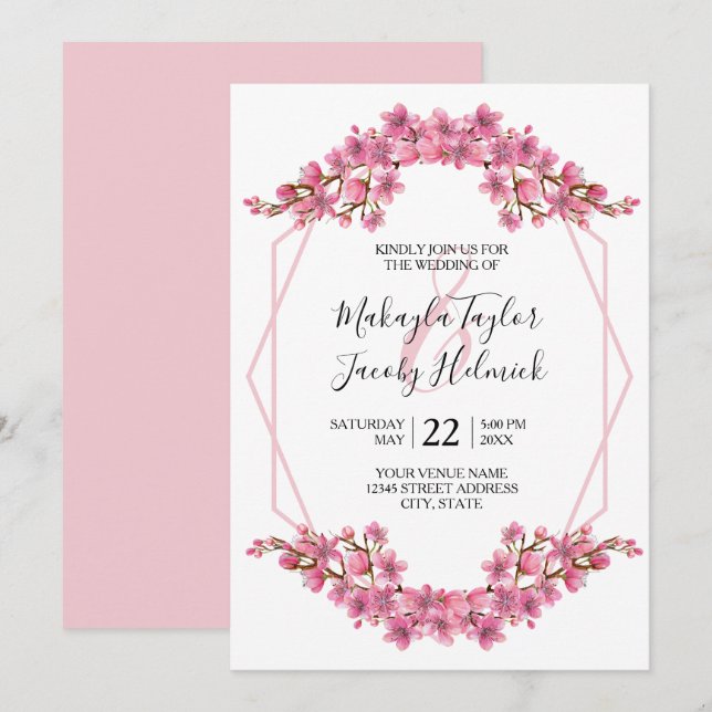 Invitación Boda de flores de cerezo rosa (Anverso / Reverso)