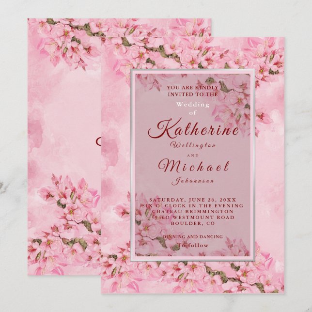 Invitación Boda de flores de cerezo rosa (Anverso / Reverso)